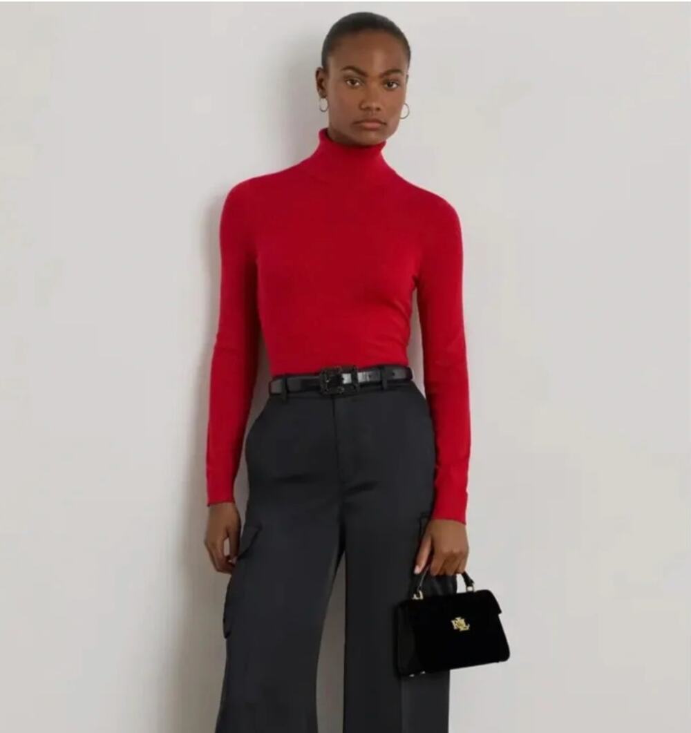 Lauren Ralph Lauren Silk Blend Ribbed Turtleneck Sweater Red Size L